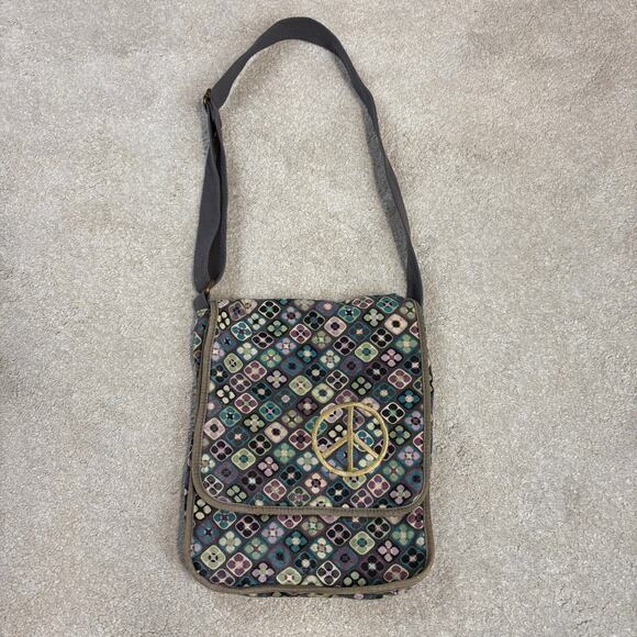 Vintage 90s Y2K Floral Embroidered Peace Sign Crossbody Messenger Bag - Picture 1 of 7